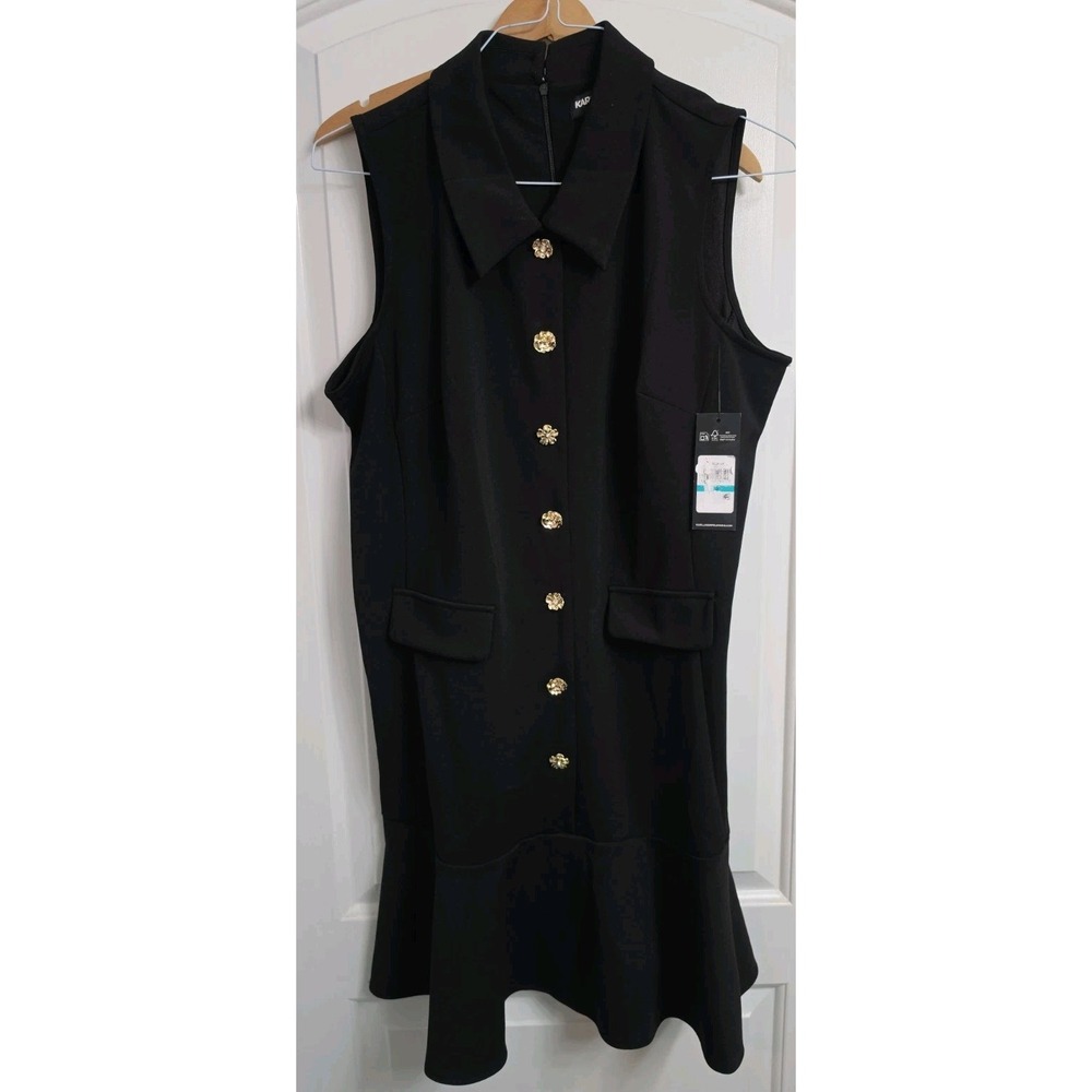 Karl Lagerfeld Dress 16 black Shift v Neck Sleeveless flutter hem Skirt new